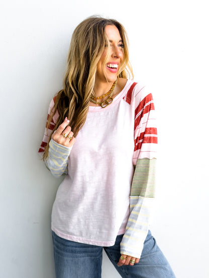 Knit Long Sleeve Round Neck Top with Stripes