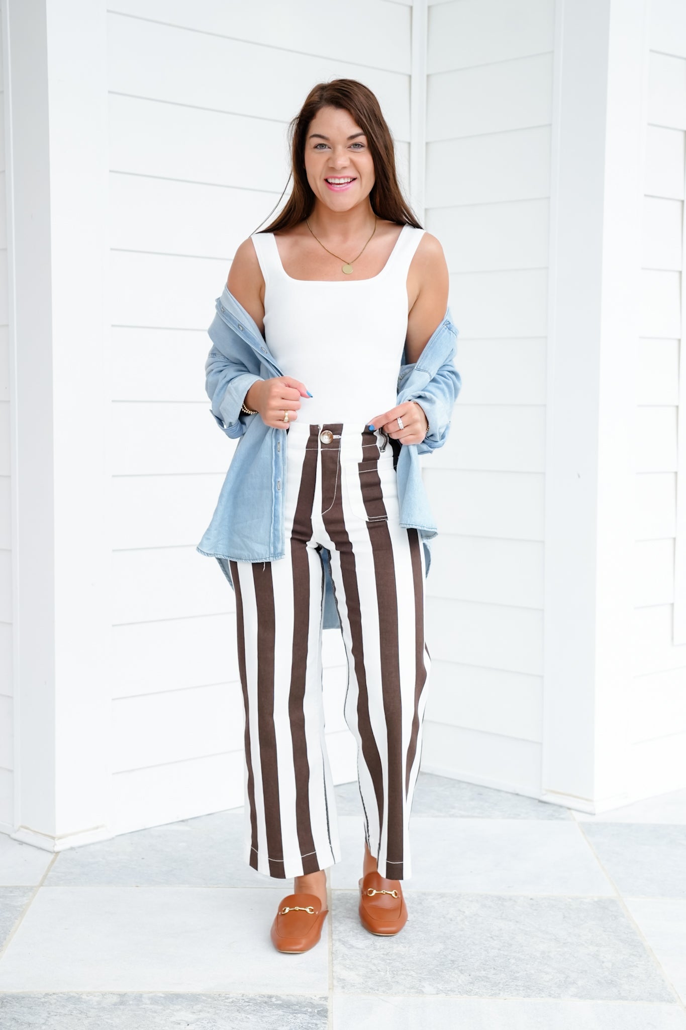Mica High Rise Brown and Cream Striped Cropped Wide Leg Jeans