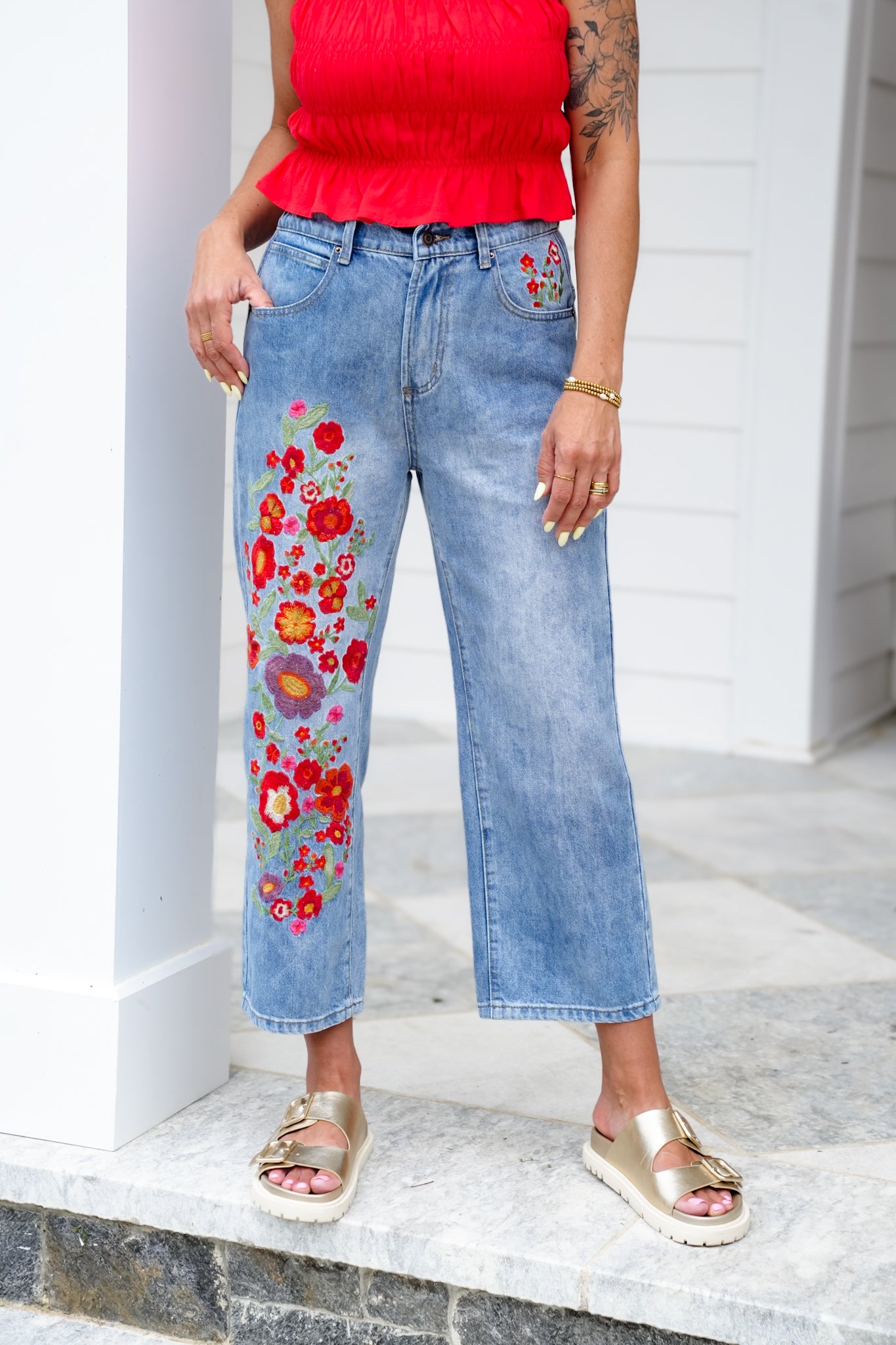 Restock! Wildflower Drive Mineral Wash Relaxed Fit Denim Jeans with Floral Embroidery Detail