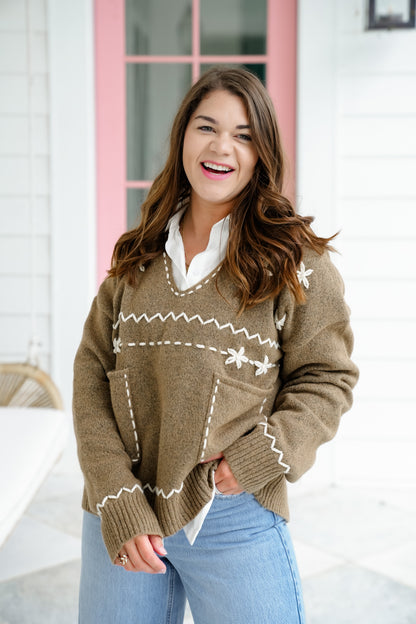 Floral Embroidered Long Sleeve Notched V Neck Sweater