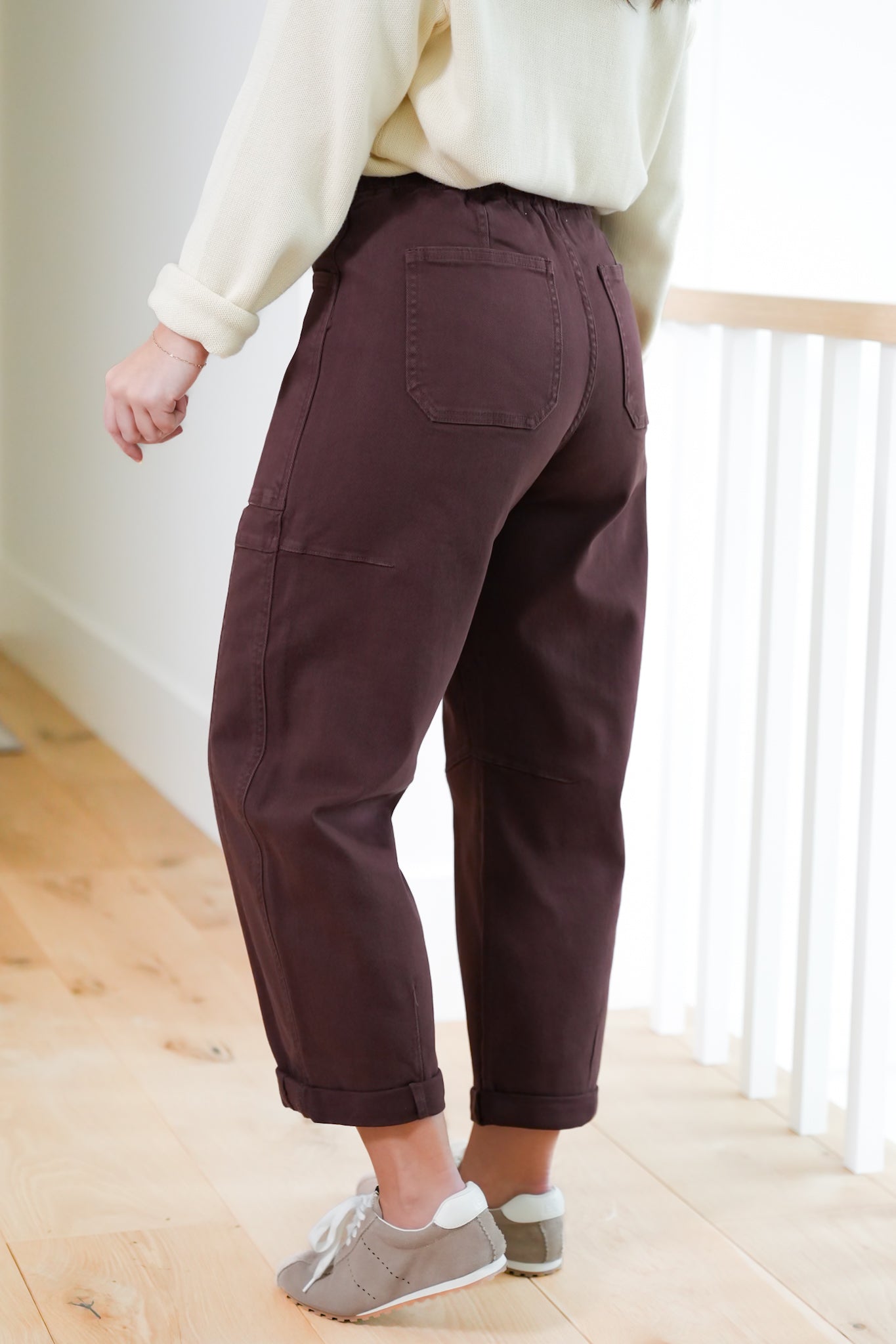 Risen High Rise Brown Wide Leg Barrel Cargo Jeans with Cuff
