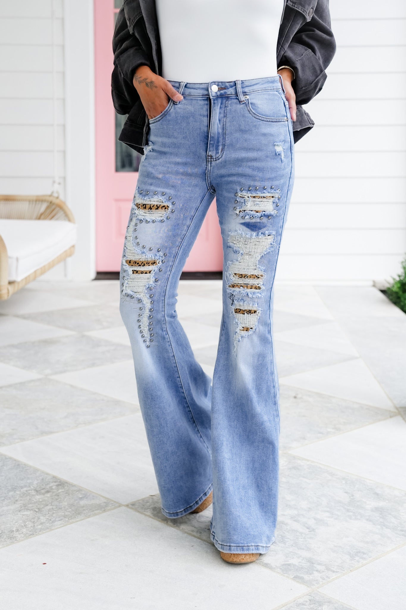 Distressed Denim Flare Jeans with Leopard Detail