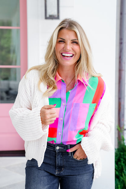Restock! Plus/Reg Multi Color Short Sleeve Button Down Top