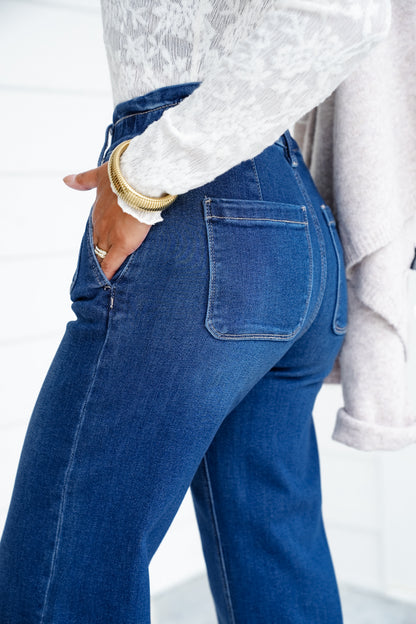 Risen High Rise Dark Wash Elastic Waistband Crop Wide Leg Jeans with Ruffle Band