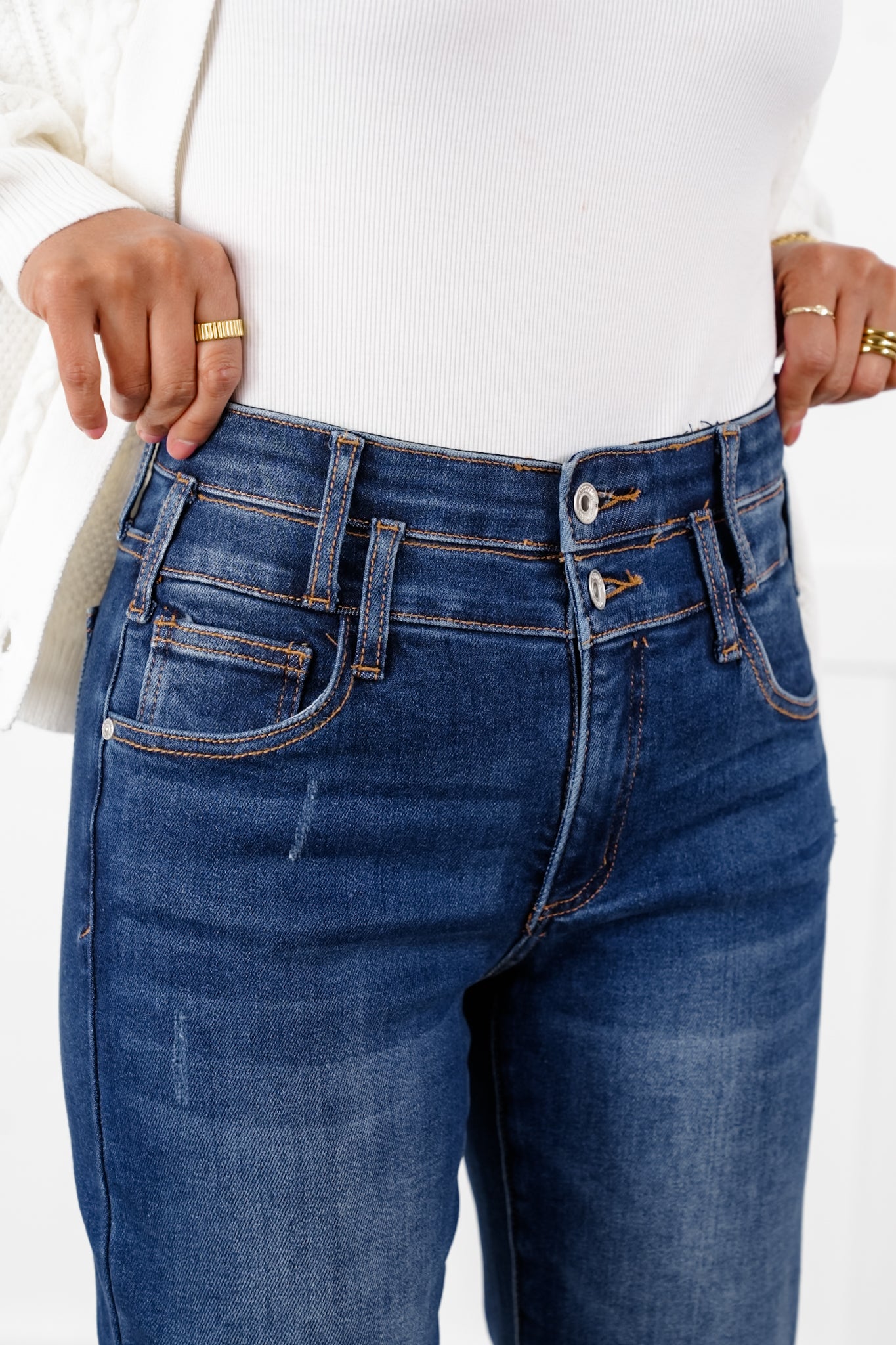 Special A High Rise Dark Wash Dad Jeans with Double Waist Detail