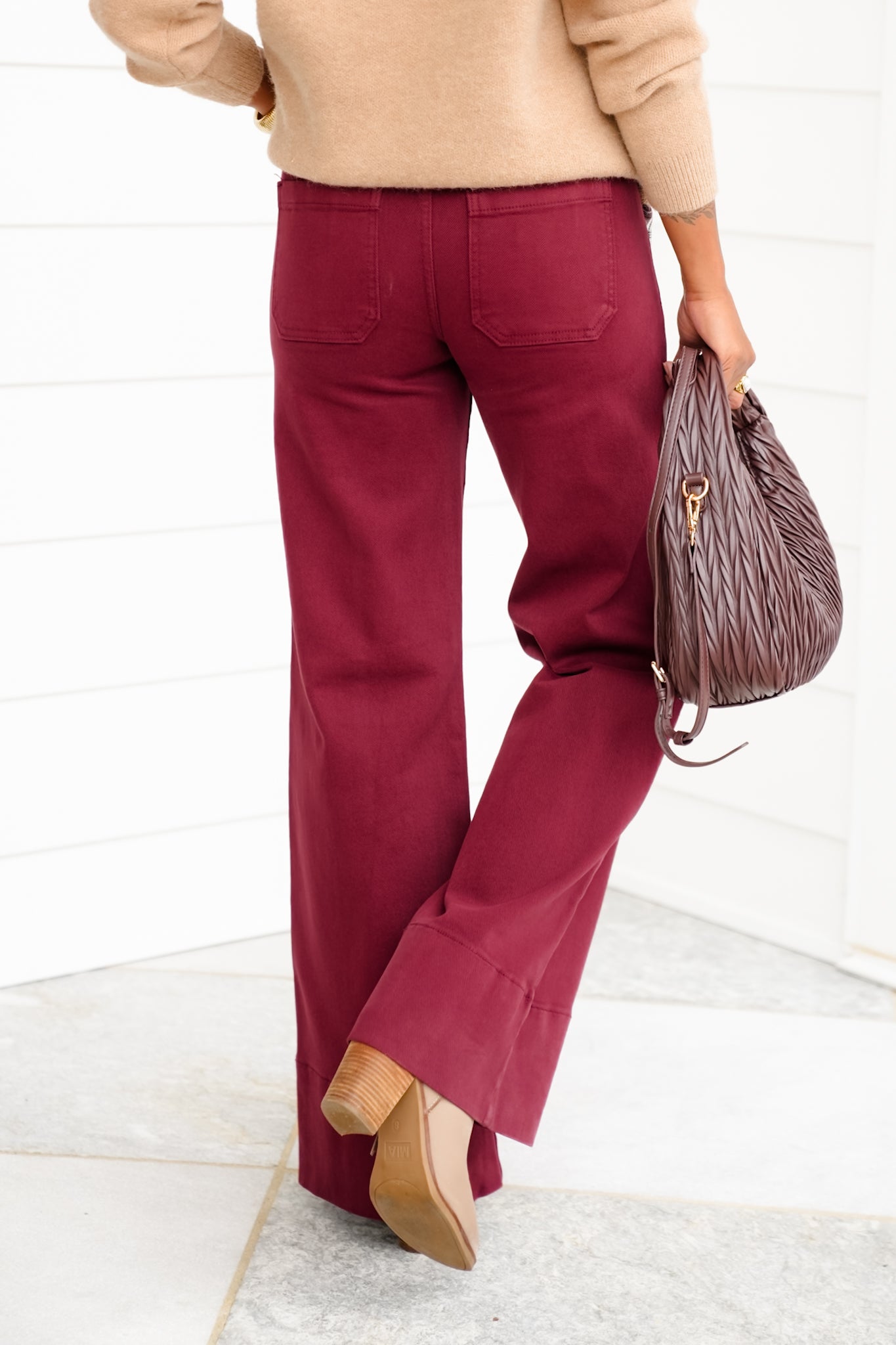 Risen Mid Rise Wine Tummy Control Wide Leg Jeans with Large Wide Hem