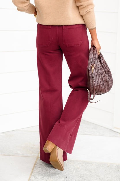 Risen Mid Rise Wine Tummy Control Wide Leg Jeans with Large Wide Hem