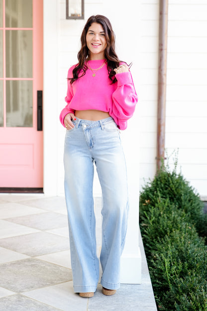 Judy Blue High Rise Light Wash Distressed Criss Cross Waistband Retro Wide Leg Jeans