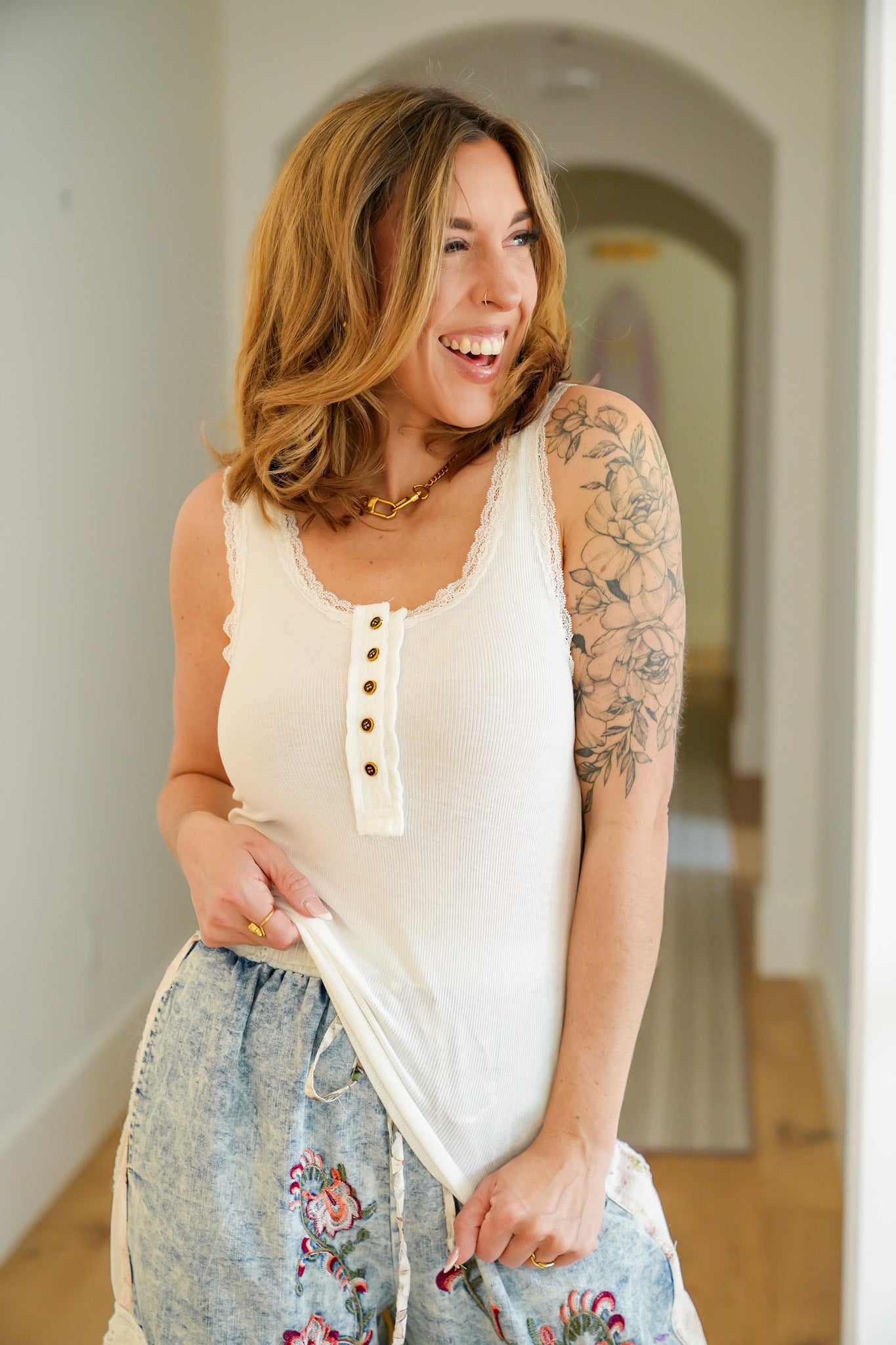 POL Ribbed Sleeveless Tank Top with Lace Trim