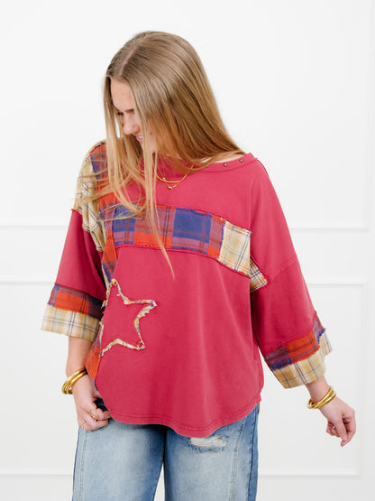 Plaid Mixed 3/4 Sleeve Top with Star Patch