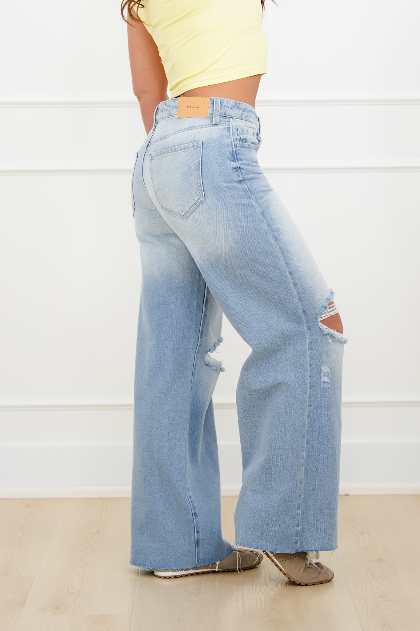 Cello Low Rise Light Wash Distressed Wide Leg Jeans