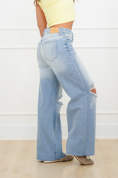 Cello Low Rise Light Wash Distressed Wide Leg Jeans