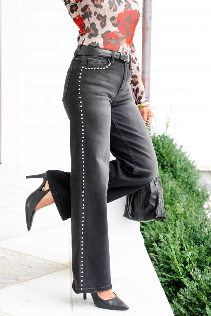 Vervet High Rise Black Studded Long Wide Leg Jeans