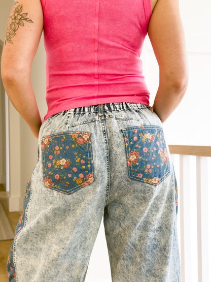 POL Light Wash Barrel Pants with Floral Contrast