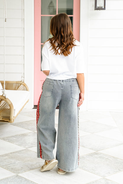 Elastic Waist Wide Leg Pants with Leopard Detail