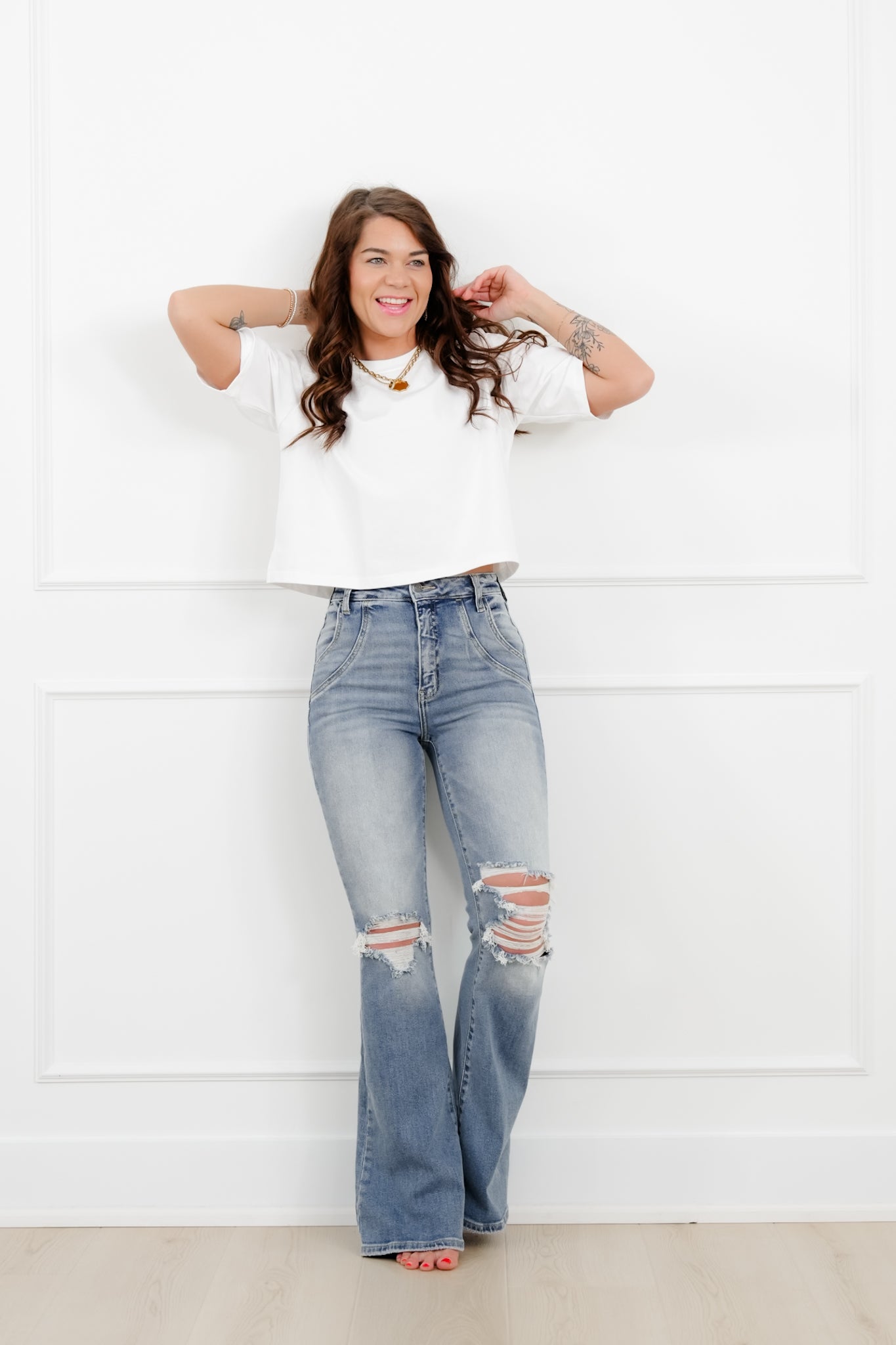 Restock! Cello High Rise Medium Wash Flare Jeans with Double Scoop Pocket Seam