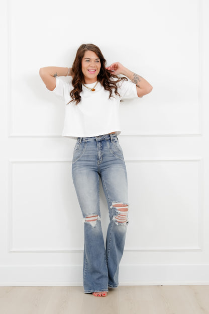 Restock! Cello High Rise Medium Wash Flare Jeans with Double Scoop Pocket Seam