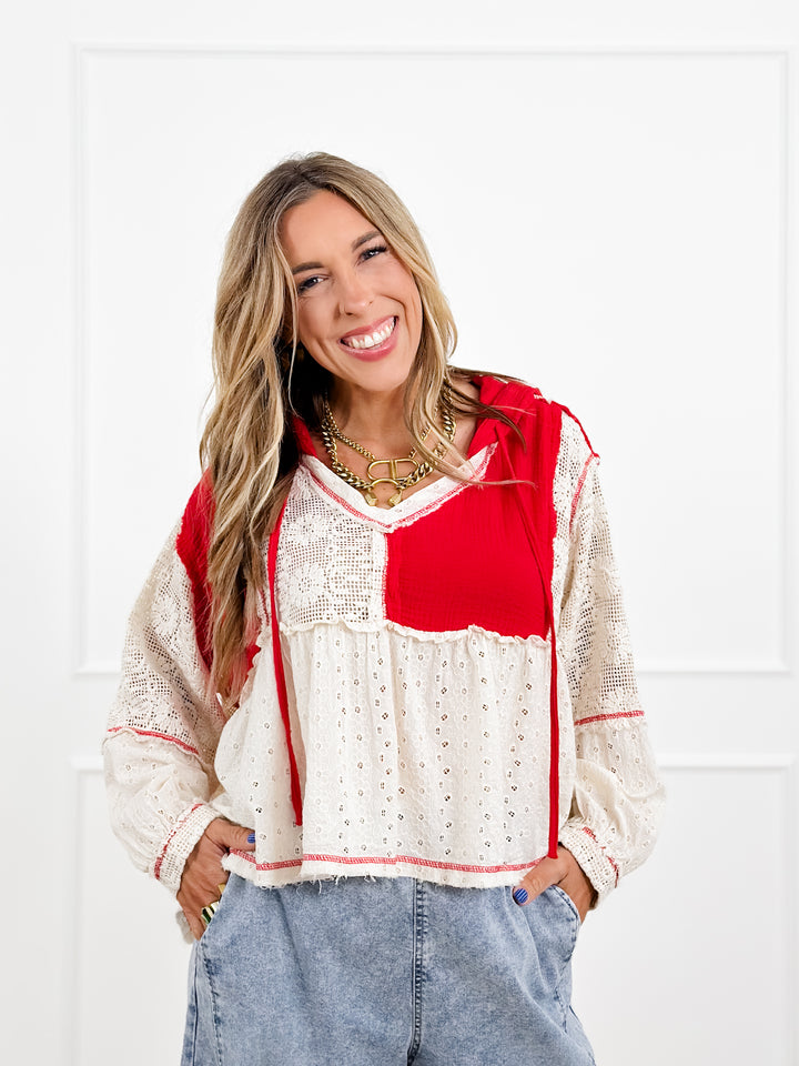 POL Crochet Long Sleeve V Neck Hoodie Top