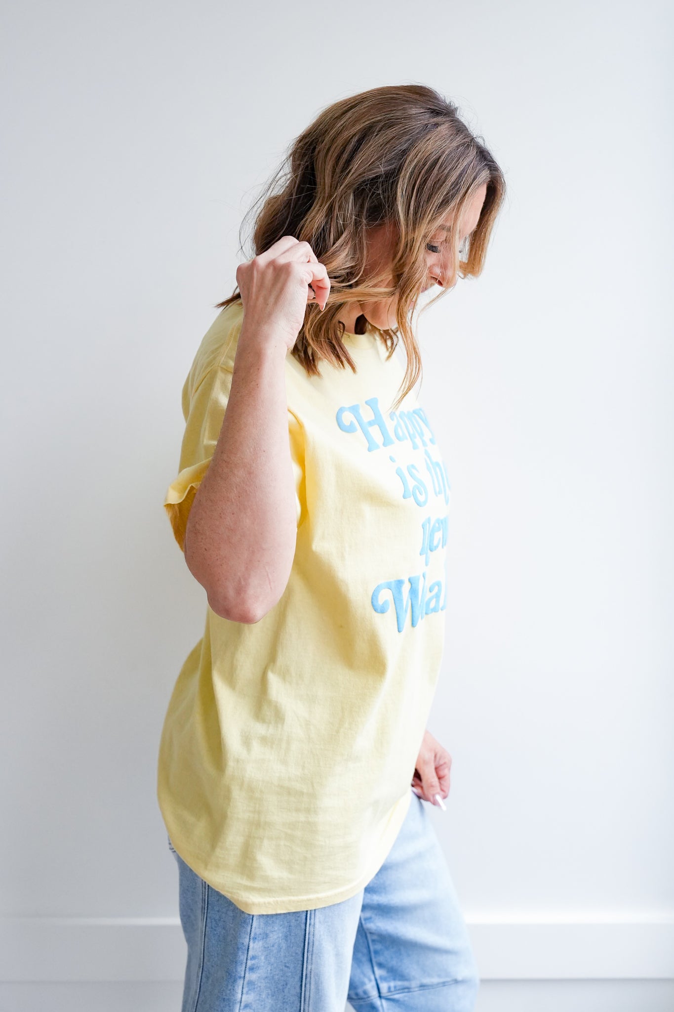 Short Sleeve Puff Print "Happy Is The New Wealthy" Graphic Tee