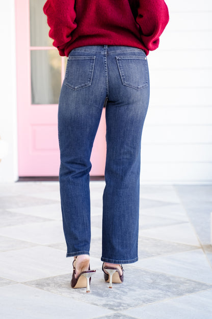 Judy Blue Mid Rise Dark Wash Petite Tummy Control Classic Straight Leg Jeans