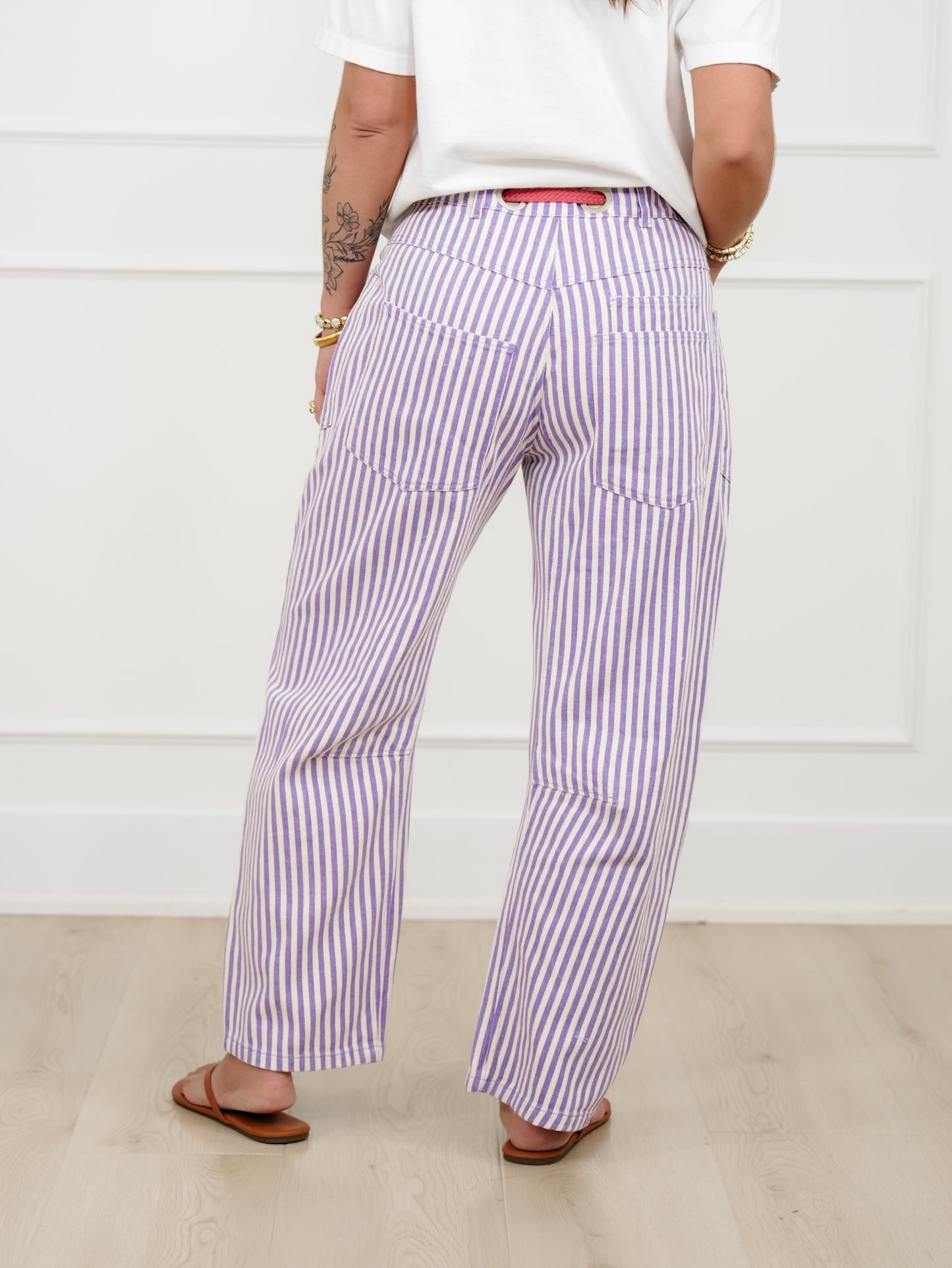 Stripe High Waist Barrel Pants with Patch Work