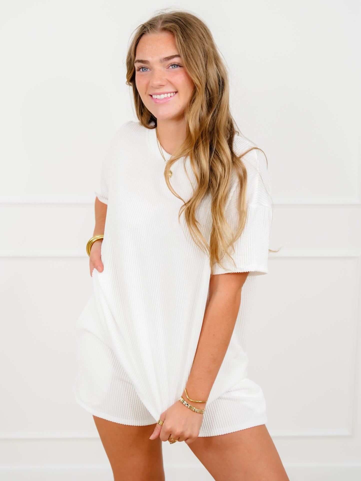 Ivory Urban Ribbed Short Sleeve Top and Shorts Set