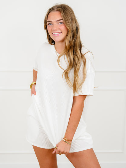 Ivory Urban Ribbed Short Sleeve Top and Shorts Set