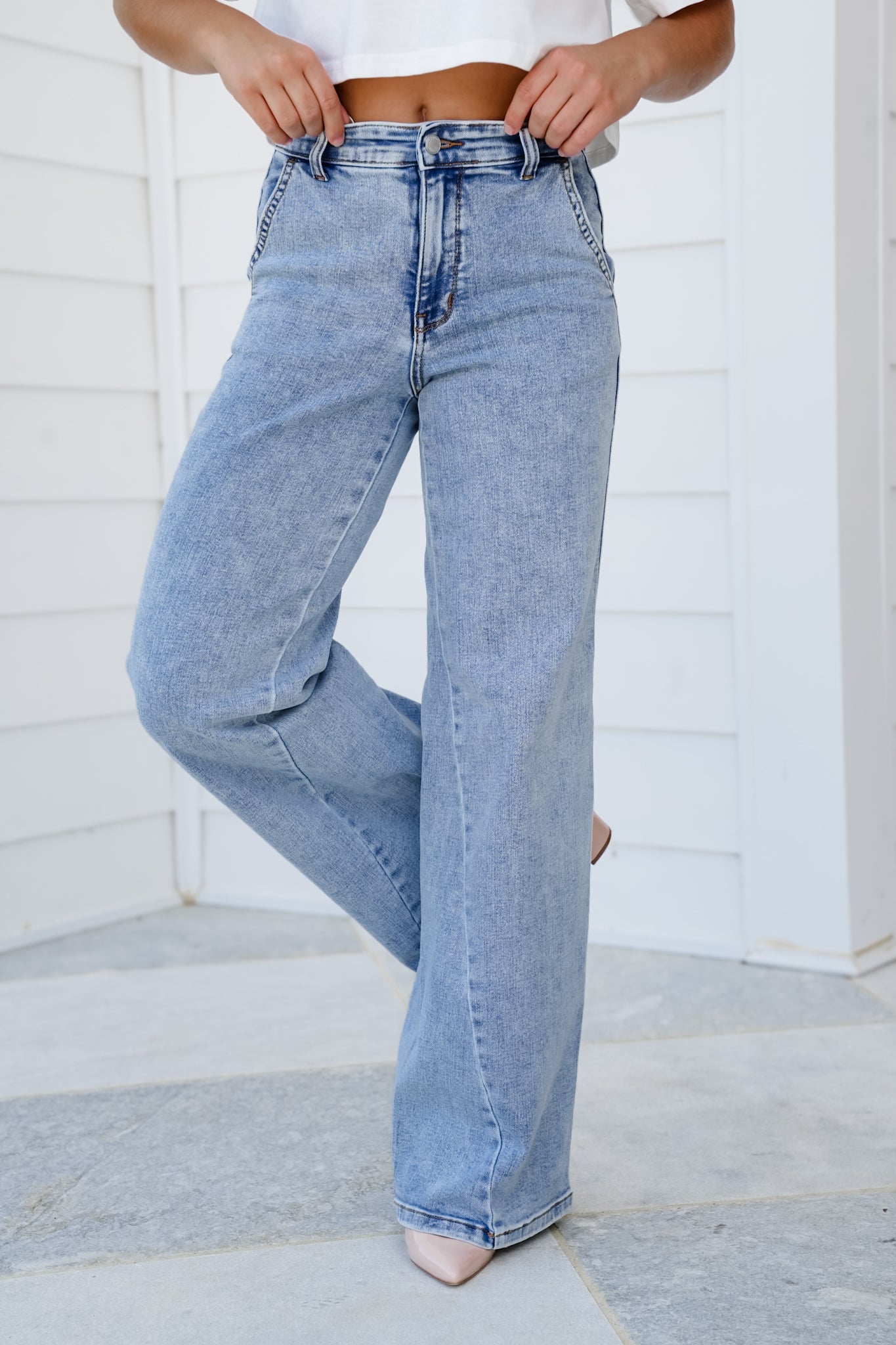 Judy Blue High Rise Light Wash Retro Wide Leg Jean with Skewed Inseam