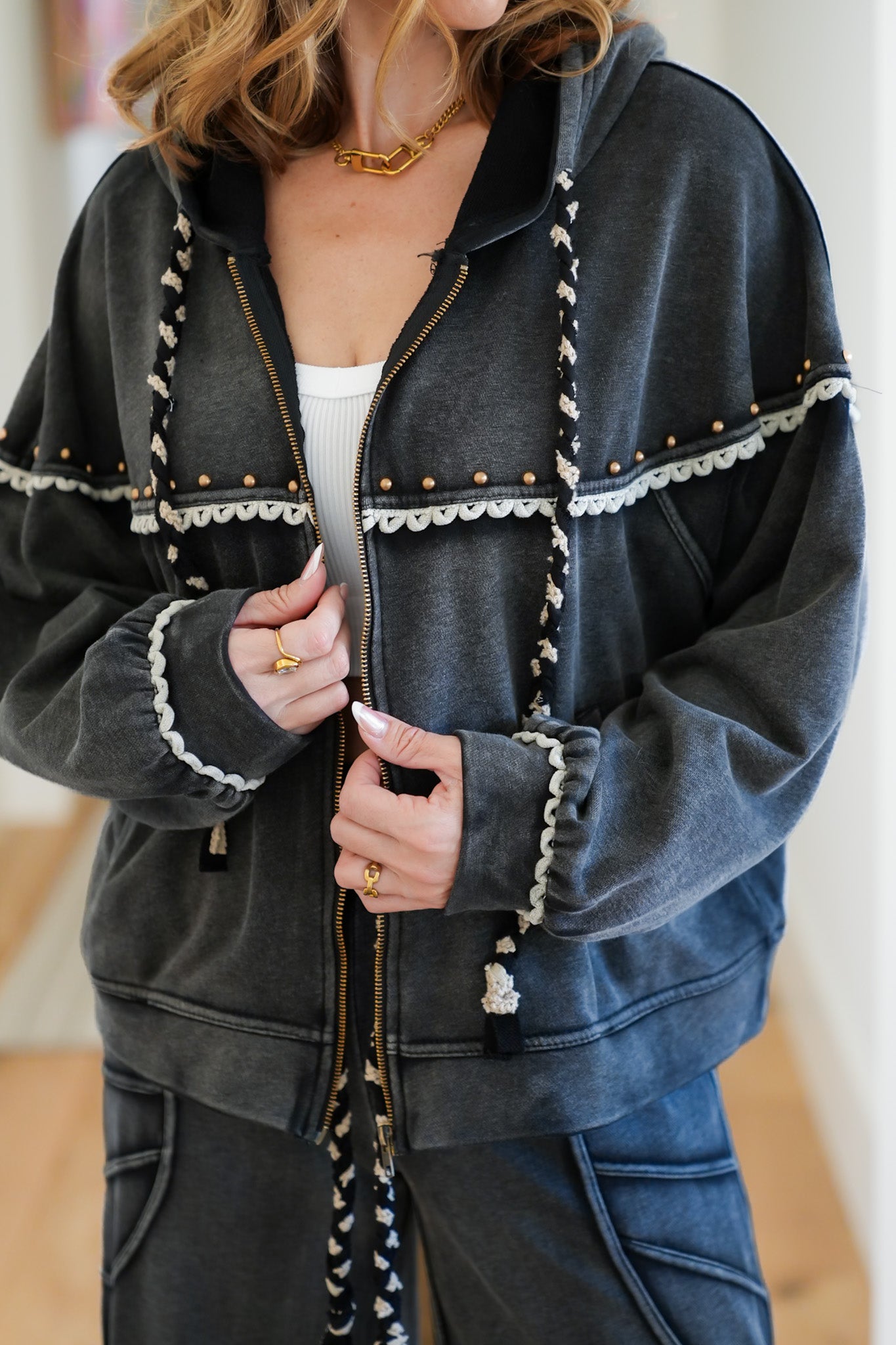 POL Washed Long Sleeve Zip-Up Hoodie with Stud Trim