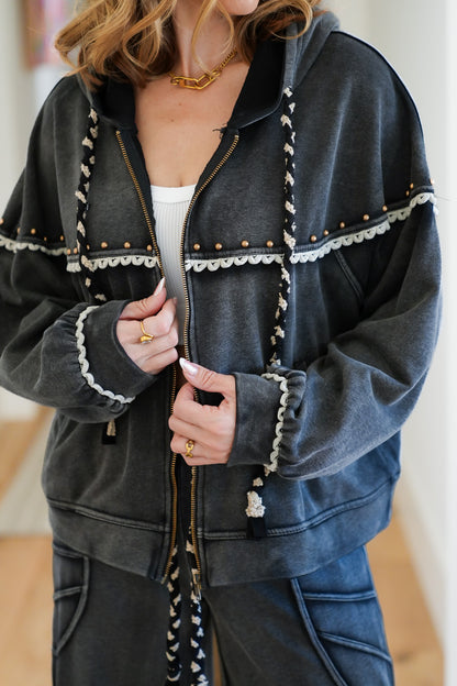 POL Washed Long Sleeve Zip-Up Hoodie with Stud Trim