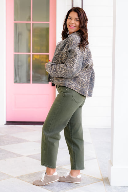 Mica High Rise Green Ankle Straight Leg Barrel Jeans