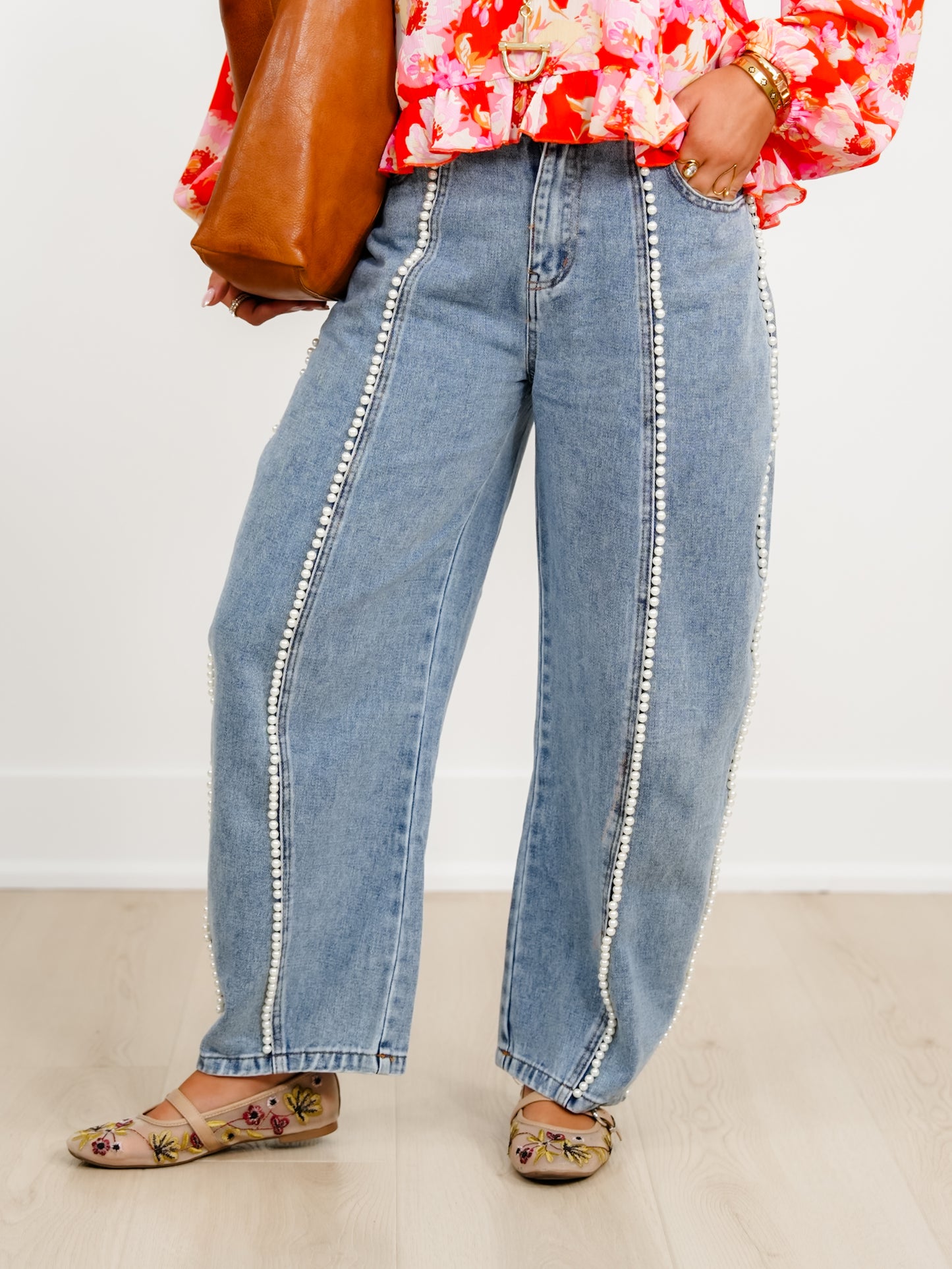 Light Wash High Waist Barrel Jeans with Pearl Detail