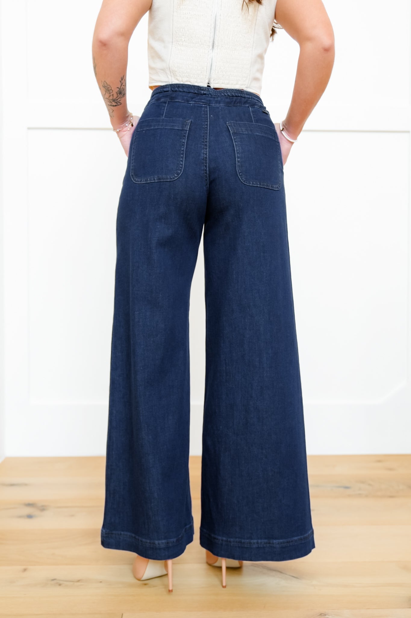 Risen Mid Rise Dark Wash Wide Leg Pants with Tie Waistband