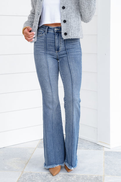 Judy Blue High Rise Medium Wash Flare Jeans with Frayed Hem and Pintuck Front Seam