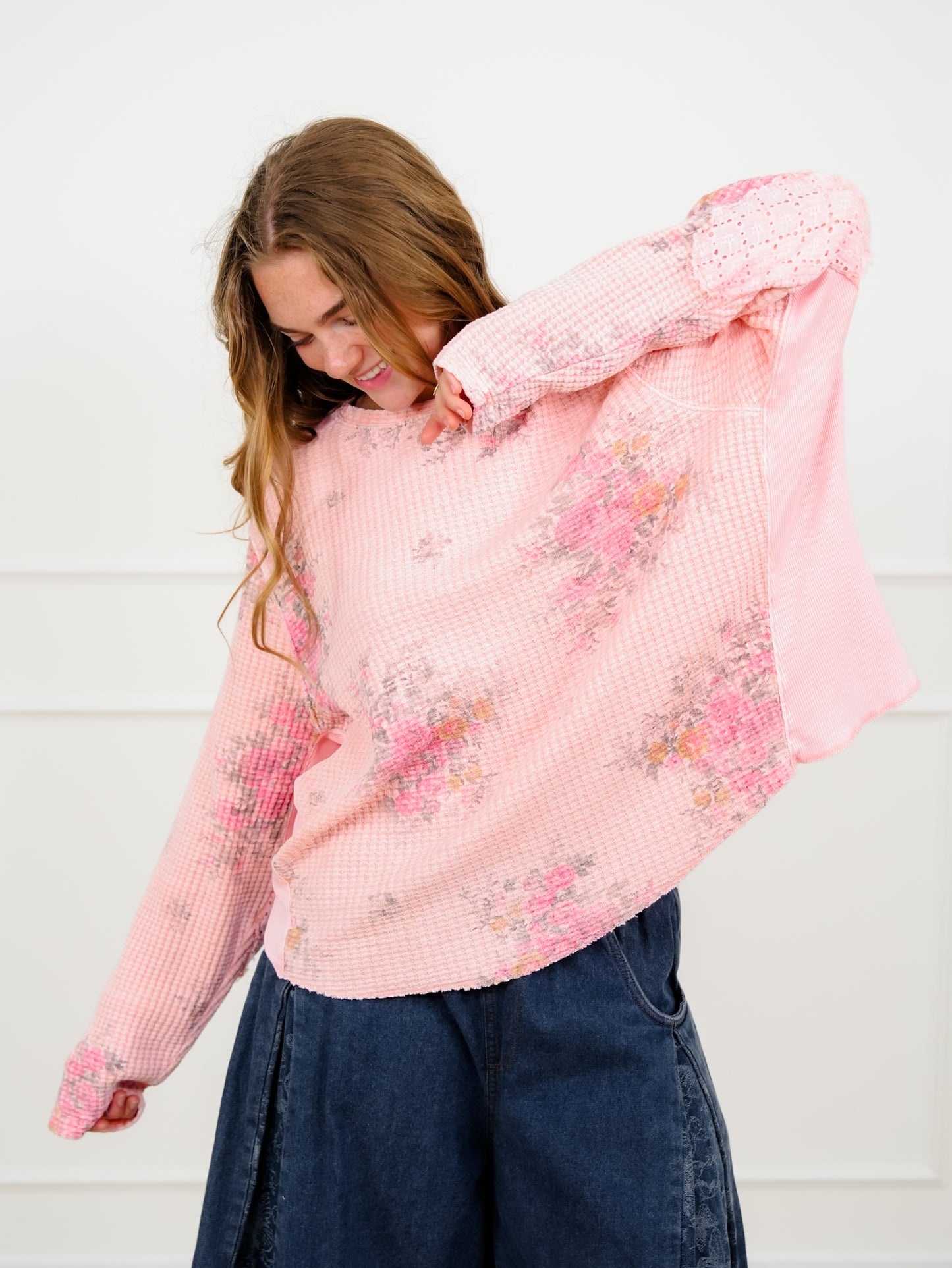 Pink Floral Long Sleeve Waffle Knit Top