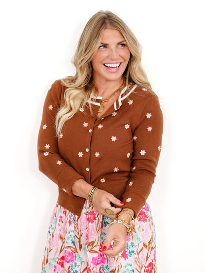 Floral Embroidered With Stripe Band Contrast Button Cardigan