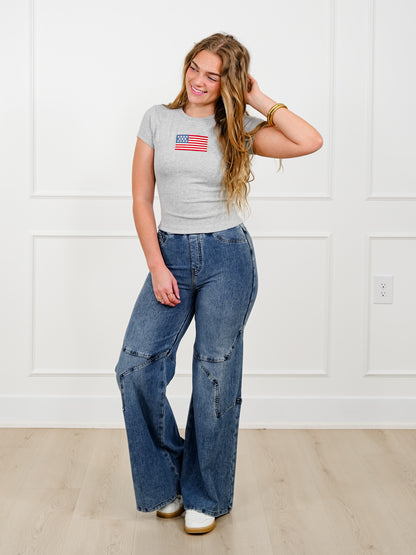 Short Sleeve Top with Embroidered American Flag Patch