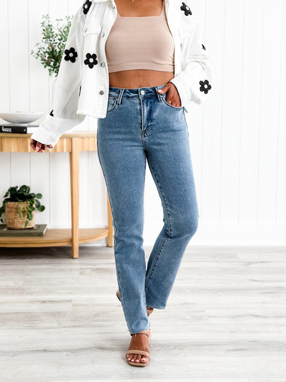 Risen Medium Wash High Rise Slim Straight Jeans With Rhinestones