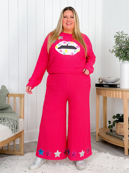 Plus/Reg Elastic Waist Wide Leg Cropped Pants With Sequin Star Patch Detail (Multiple Colors)