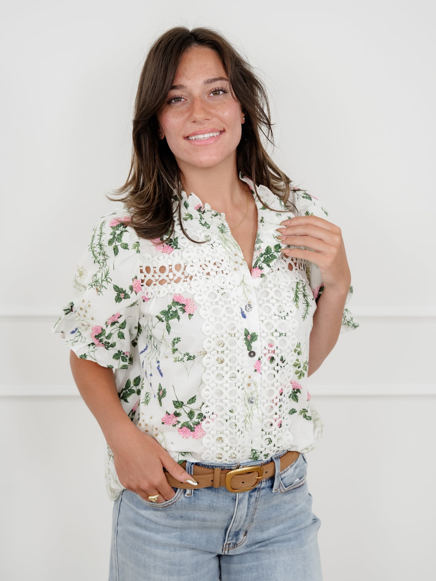 Floral Short Puff Sleeve Button Down Top with Lace Trim