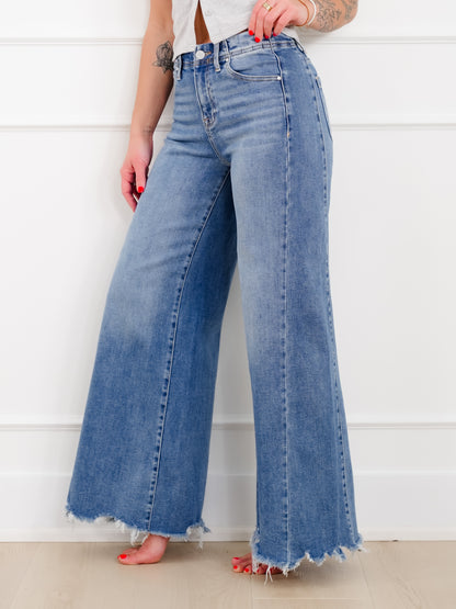 Risen High Rise Medium Wash Wide Leg Jeans