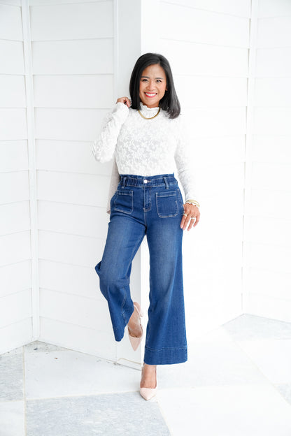 Risen High Rise Dark Wash Elastic Waistband Crop Wide Leg Jeans with Ruffle Band