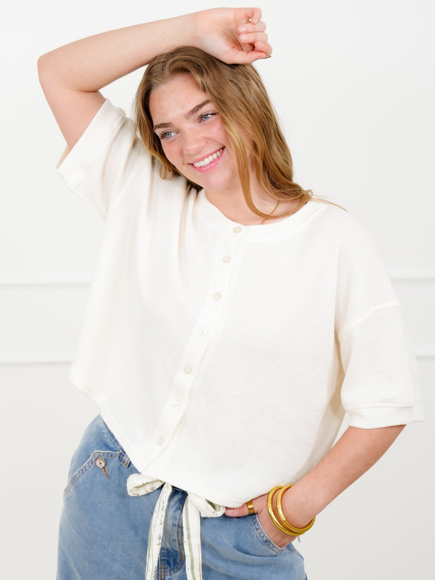 Textured Knit Short Sleeve Button Down Cardigan