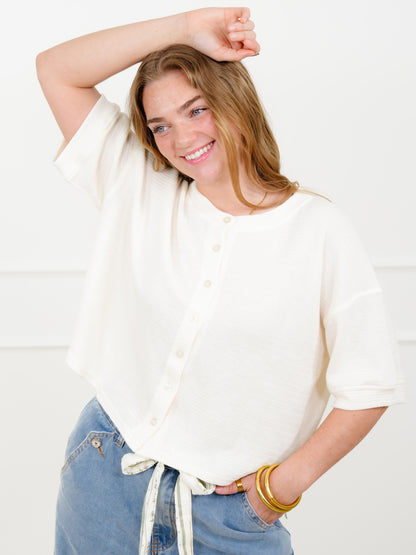 Textured Knit Short Sleeve Button Down Cardigan
