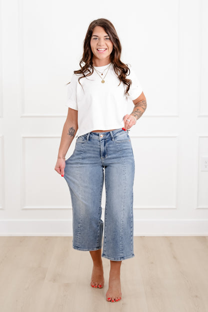 Judy Blue The Carolina Mid Rise Light Wash Crop Wide Leg Jeans with Center Seam
