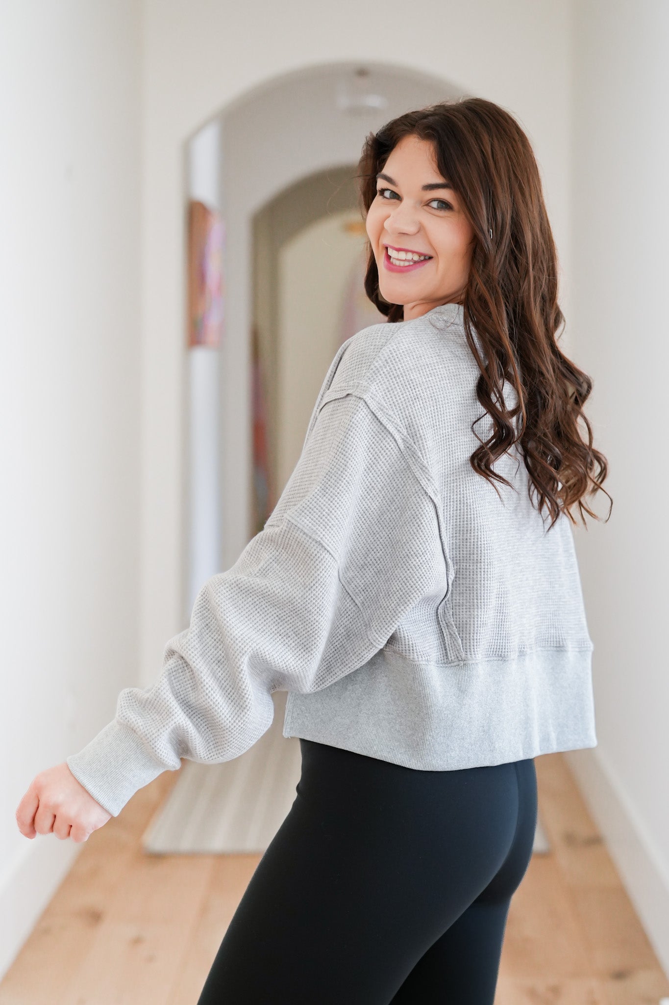 Waffle Knit Long Sleeve Front Cropped Top