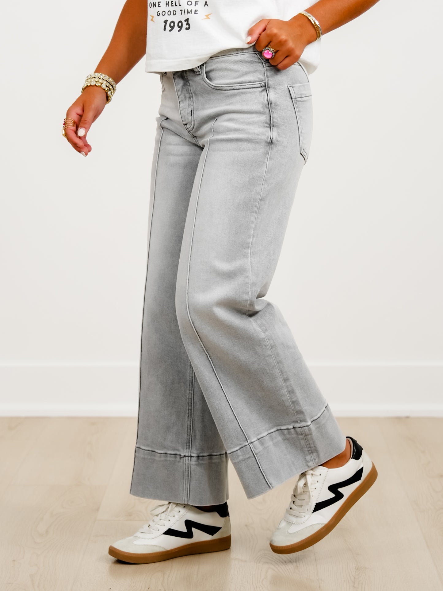 Risen The Wild Card Mid Rise Grey Tummy Control Wide Leg Front Pintuck Jeans