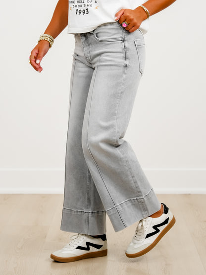 Risen The Wild Card Mid Rise Grey Tummy Control Wide Leg Front Pintuck Jeans