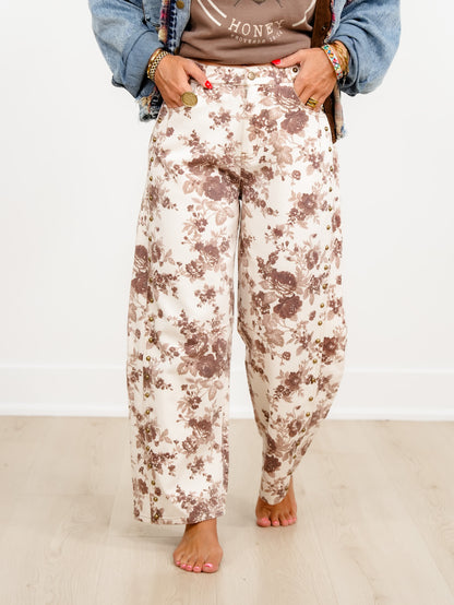 Floral Print With Stud Details Barrel Leg Pants