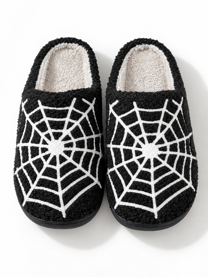 Plush Spiderweb Embroidered Slippers